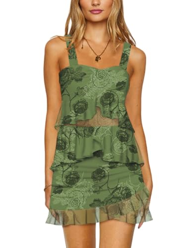 Lrady Women's Two Piece Skirt Sets Summer Peplum Tank Tops Ruffle Y2K Mini Skirts Bodycon Club Dress Outfits, Floral Print Army Green, Large