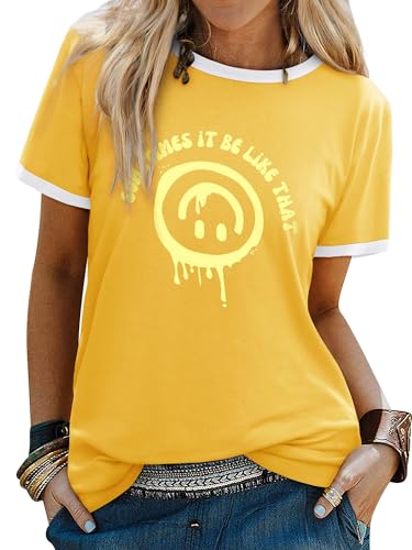 Image of WIEIYM T Shirt Women Crew Neck T-Shirts Summer Tee Smile Graphic Slogan Tshirt Something It Be Like that Unisex Basic Tops