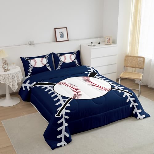 Image of Feelyou Softball Comforter Set King Size Kids Baseball Comforter for Boys Girls Teens Baseball Gaming Bedding Set Sports Theme Navy Blue Quilt Set
