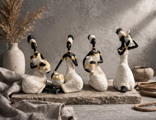 Image of Vibrant Beautiful Finish Uniquely Hand Crafted Home Decor African Tribal Women Art Piece (African Lady Sitting Set of 4)