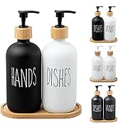 16 Oz Glass Soap Dispenser Set, Contains Hand Soap Dispenser and Dish Soap Dispenser with Bamboo ...