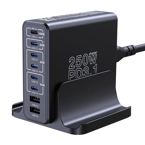 Aftertop 250W USB C Charger, 8-Ports PD3.1 140W Fast Charging Station, Compact Laptop GaN Charger for MacBook Pro, iPad, iPhone 15 14 Series, Galaxy S23/S22, Pixel and More