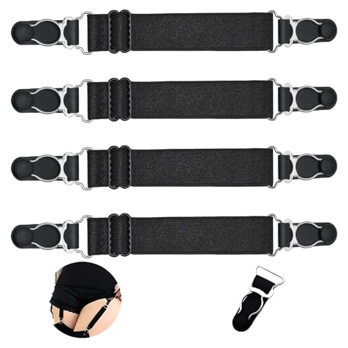 WILLWIN Adjustable Stocking Clip Elastic Double-Way Thigh High Suspenders Duckbill Buckle Non-Slip Garter Socks Belt Fastener Straps Shirt Holder Locking Clamps for Sexy Women 4 Pcs Black