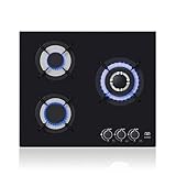AVERA Parrilla de Gas 3 Quemadores, Vidrio Templado Negro 58.5cm, Empotrable, Soportes de Hierro Fundido, Encendido...