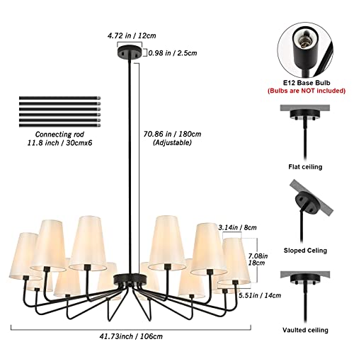 Peblto Metal Black Chandeliers With Fabric Shades, 12-Light Modern Farmhouse Chandelier, Dining Room Light Fixture For Living Room, Bedroom, Foyer, Entryway, Staircase #TOP3