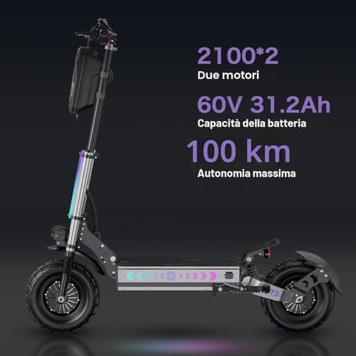 Seconda immagine RAYI T90 - Monopattino elettrico per adulti, potente, batteria 60 V, 31,2 Ah, durata 100 km, ruote da 13 pollici, doppia sospensione scooter elettrico per adulti