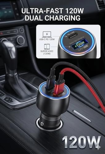 Image of RDSA 125W Car Power 1C Triple Output Fast Car Charger with 1.2MTR Type C Cable, 80W Type-C PD, 45W USB Port, Fast Charging Adapter Compatible with Cars for iPhone & Smartphone (Black /Grey)