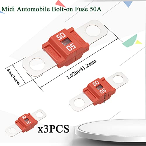 Taiss 3Pcs Midi Bolt-On Fuse 50A,High Current Fuse,Suitable For Cars,Trucks,Off-Road Vehicles,Engineering Vehicles,Etc #TOP1