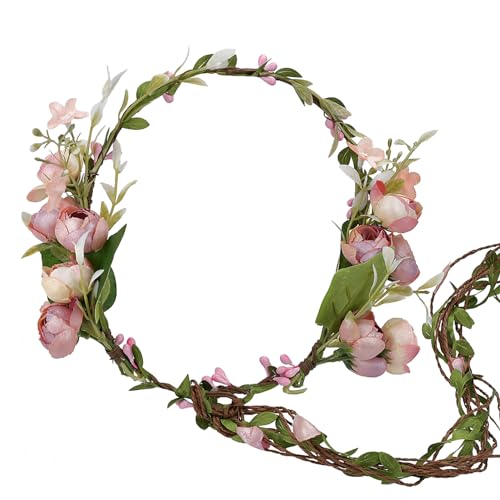 Vivivalue Vine Flower Crown Boho Flower Headband Hair Wreath Floral Headpiece Halo with Ribbon Wedding Party Festival Photos Pink