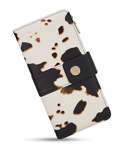 Image of Cow Women's Trifold Wallet,Large Capacity RFID Long Wallet | 16 Card Slots,2 ID Windows,4 Bill Compartments,Vegan Leather,Double Zipper Pockets,Large Capacity Organizer
