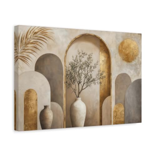 Elegant Gold Accent Neutral Boho Arches Canvas Print – Modern Living Room, Above Sofa 18×12 inch (45×30 cm) - Horizontal / 1.25 inch (3 cm)