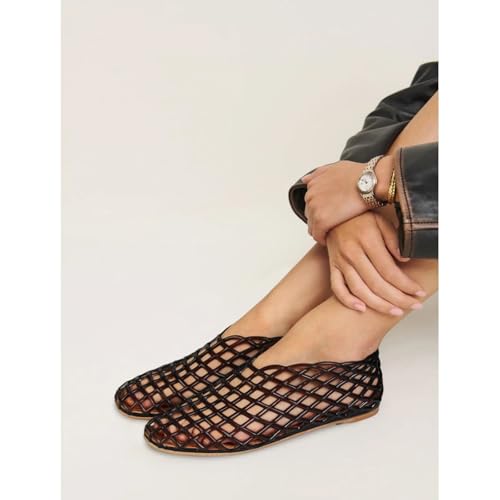 Image of Jelly Mesh Ballet Flats for Women Fishnet PVC Clear Hollow Jellies Sandals Comfortable Beach Ballerina Flats Shoes