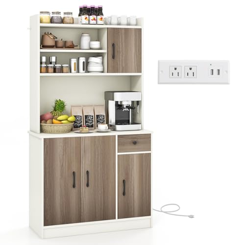 Giantex 71" Buffet Hutch Cabinet with Power Outlet, Kitchen Hutch Sideboard, Buffet Pantry on Island, Wood Kitchenware Server with Drawer, Shelf and Storage Cabinet (White & Walnut) -  GX10834US-WH+VJ