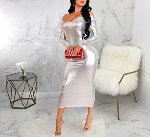 Zonjie Elegant Silver Dress For Women Sexy Backless Long Sleeve Casual Bodycon Long Formal Sparkle Glitter Party Club Dress #TOP2