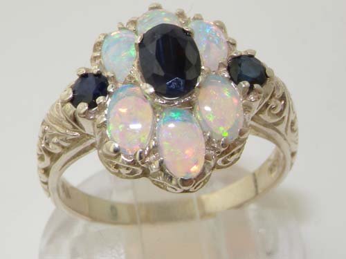 925 Sterling Silver Natural Sapphire And Opal Womens Promise Ring - Size 7.5 #TOP3