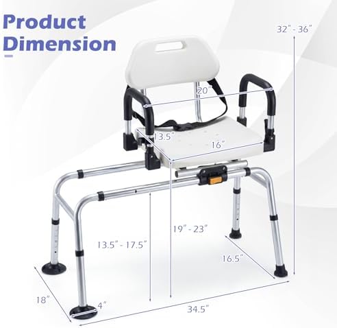 Giantex Sliding Shower Chair with Swivel Seat, Adjustable Height Tub Transfer Bench with Flip-Up Padded Armrests, Safety Belt, Wide Water-Draining Seat & Non-Slip Suction Feet for Seniors — view 7