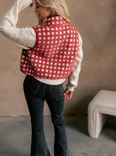 Women's Zip Up Sherpa Vest Checkered Fleece Vest Fall Winter Sleeveless Cardigan Warm Collared Outerwear Vests2