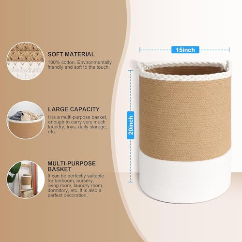 Image of ALBY Woven,Tall Wicker Laundry Basket for Blankets,Clothes,Pillows,Toys,Shoes Large Cotton Laundry Hamper for Bedroom Living Room Bathroom Nursery (58L / Large 15 inchD x 20 inchH, BrownA)