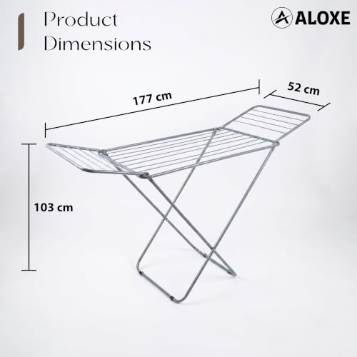 Image of ALOXE Foldable Clothes Drying Stand | Heavy Duty Cloth Dryer Stand with Wings | Mild Steel Rack for Indoor Outdoor Balcony Use (Grey)