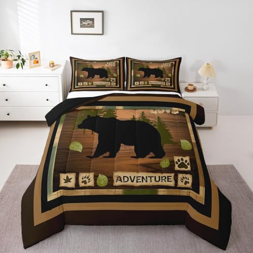 Image of Feelyou King Size Rustic Bear Bedding Set Wildlife Hunting Comforter Set Bear and Paw Comforter for Kids Boys Girls Cabin Duvet Insert Kids Bedroom Decor 3Pcs
