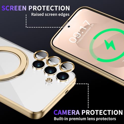 Image of Magnetic Stand & Full Camera Lens Protector Case for Samsung Galaxy S25 Plus [Compatible with MagSafe][Military Drop Protective]Not Yellowing Clear Slim Soft S25 Plus Phone Case for Women Men,Gold