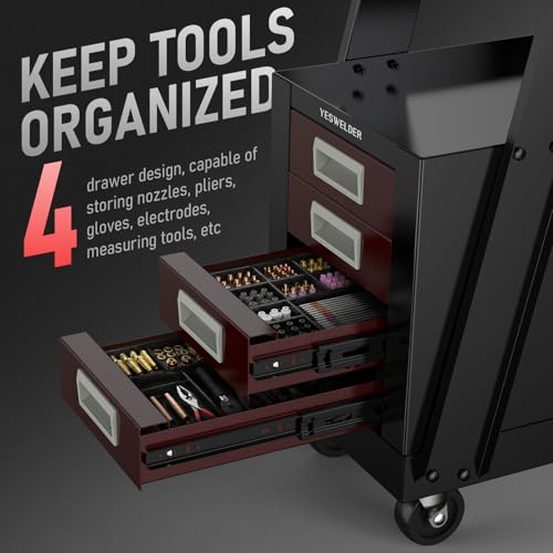 Image of YESWELDER Welding Cart with 4 Drawers for MIG Welder TIG Welder and Plasma Cutter, Black&Red Version Heavy Duty Large Storage 360 Rolling Welding Trolley