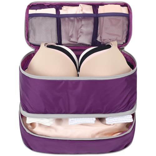 Cambond Travel Underwear Organizer Bag - Compact Lightweight 4-in-1 Soft Double Layer Bra Travel Bag Fits A to C Portable Expandable Compression Packing Organizers Underwear Bag for Women Purple