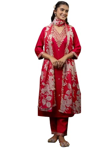 Image of VredeVogel Kurta Set with Dupatta | Embroidered Viscose Rayon Kurta Pant Set for Women | Women's Ethnic Casual Kurti Set