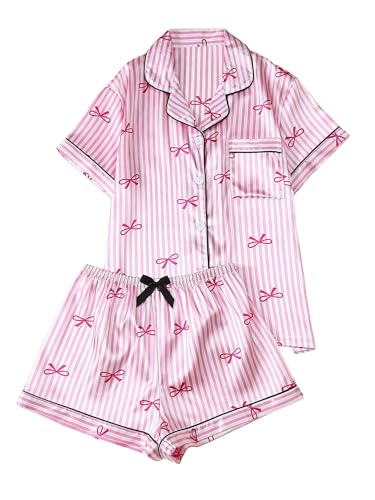 Verdusa Women's 2 Piece Satin Pajamas Short Sleeve Button Down Top and Shorts Set