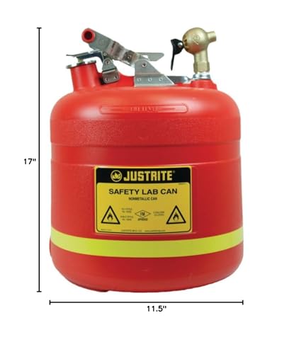 Image of Justrite 14540 Polyethylene Nonmetallic Safety Can with Brass Top Faucet, 5 Gallon Capacity, Red