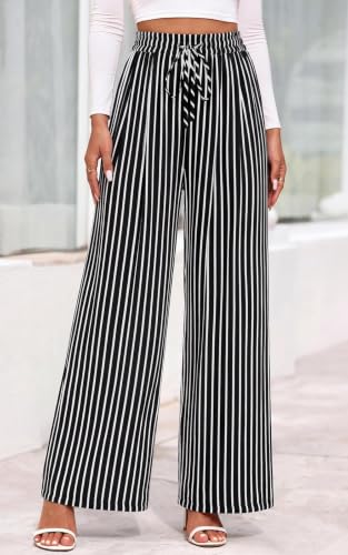 Image of PRETTYGARDEN Womens Pants Elastic Waist Floral Lightweight Palazzo Pants for Women Casual Lounge Wide Leg Pants Woman