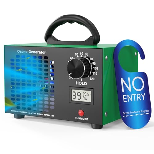 Ozone Generator - 120 000 mg/h Ozone Machine with 120 Min Timer Temperature and Humidity Display Suitable for 500 Odor Eliminator Air Purifier for Car Home Pet Smoke Kitchen Hotel Green