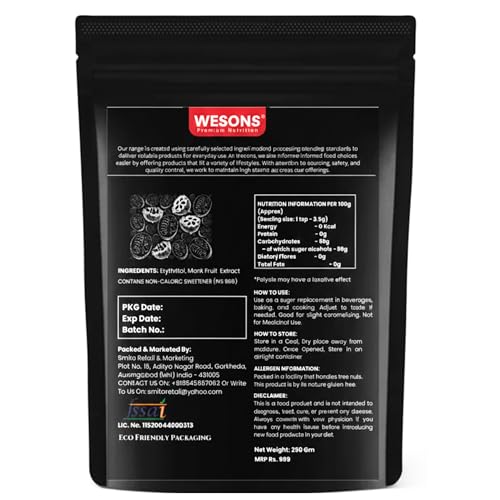 Image of Wesons Monk Fruit Sweetener Organic (200 Grams) - 1:1 Pure Monk fruit Extract - Monk Fruit Sugar Organic - Sweetness Equal to Sugar