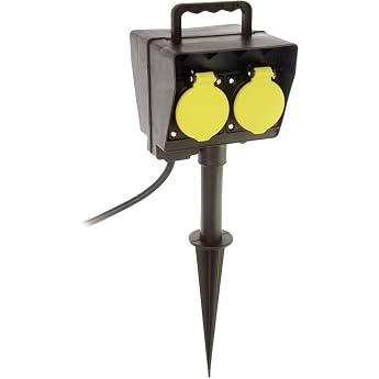 as - Schwabe 60680 Double Garden Socket with Ground Spike Black | 2 m rubber hose cable, external socket with hinged lids, di
