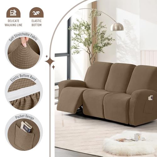 Image of TAOCOCO Recliner Sofa Covers 8-Pieces Stretch Large Couch Covers for 3 Seats Reclining Slipcovers Soft Jacquard Pattern Furniture Protector (Khaki)