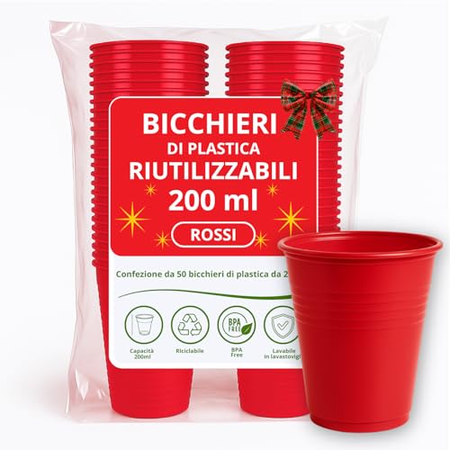 Bicchieri Plastica per Natale 50pz da 200ml Rossi Riutilizzabili (fino a 50 Lavaggi) Lavabili in Lavastoviglie BPA Free Impilabili Per Acqua Cocktail Birra Ideali per Feste Buffet Ufficio Bar Catering