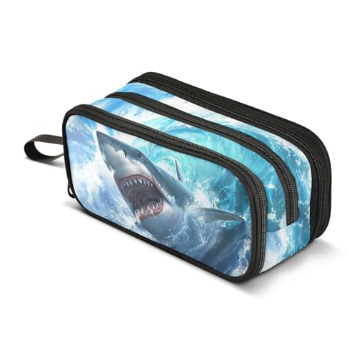 Image of Shark Blue Ocean Wave Pencil Case Box Boys Girls Large Pencil Pouch with Zipper Compartments Big Capacity Stationery Pen Bag Organizer for Kids Teens Adults School