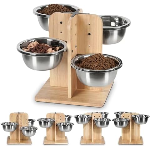 handrong Elevated Dog Bowls,4 Dog Bowls Elevated,4 Heights Raised Dog Bowl,Wood Dog Food Bowl, 4 Sided Dog Bowl Stand,Raised Dog Feeding Station for Small,Medium Large Sized Dog,4 Bowls(47.3oz Cover