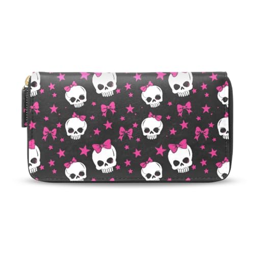 Long Wallets Leather Bifold Wallet for Women Skull Pink Bow with Zipper Credit Card Holder Large Capacity