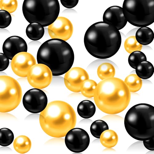 200 PCS Black Gold Vase Fillers, Pearls Bead for Centerpieces Vases, 10/14/20 MM No Hole Beads, Fake Pearls for Wedding Birthday Anniversary New Years Party Table Centerpieces Decor