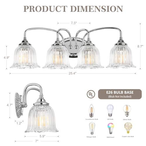Image of Chrome 4-Light Bathroom Light Fixtures with Floral Glass Shade | Vintage Vanity Lights Wall Sconces Over Mirror for Bathroom Powder Room