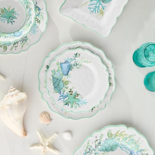 Sea Glass MELAMINE SALAD/DESSERT PLATES, SET of 4, 9‑inch coastal plates with scalloped rims and ocean greenery motifs, ideal for salads, desserts, snacks, patio dining, beach homes, summer meals by Certified International - Image 2