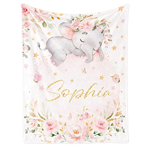 Image of Personalized Elephant Blanket with Name for Girl Custom Blanket for Teens