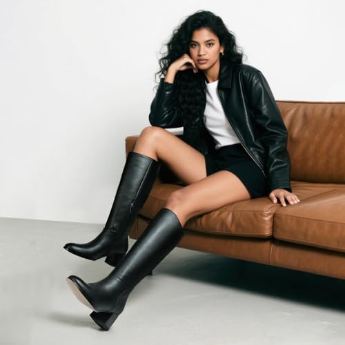 Image of Women's Knee High Boots Faux Leather Square To Tall Boots Fashion Chunky Block Heel Long Boots with Side Zip