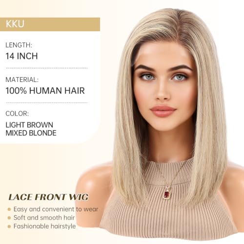 Image of KKU 100% Human Hair Wig, Lace Front Wigs Human Hair Side Part,Light Brown Mixed Blonde Wig Human Hair, Real Human Hair Wigs for Women(14Inch)