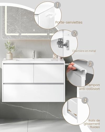 Meuble lavabo suspendu céramique blanc 2 portes Hzuaneri