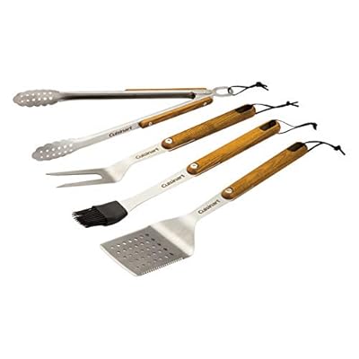 Cuisinart CGS-1100 (Spatula, Locking Tongs, Fork, Basting Brush) 4-Piece Grill Tool Set, Ash Wood Handle