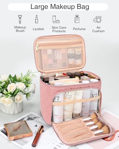 Relavel Makeup Bag, Large Makeup Bag Organizer, Travel Cosmetic Bag with Adjustable Dividers for Women, Washable Train Case with Makeup Brush Holders, Nude Pink - Thumbnail 7