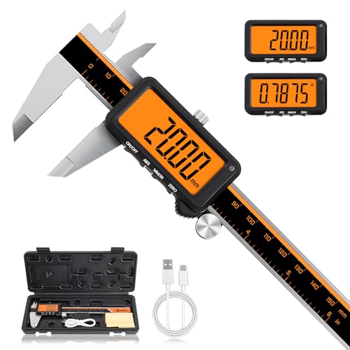 HARDELL Digital Caliper, Rechargeable Calipers with Large Orange Screen, Anti-Glare LCD & ABS Function, in/MM Caliper Measuring Tool, Stainless Steel Micrometer -Auto Off for DIY/Household (6 Inch)