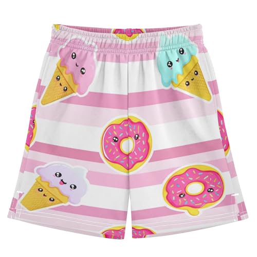 J JOYSAY Cute Donut Icecream Stripe Boys Athletic Shorts Kids Youth Casual Shotrs with Elastic Waistband Pockets